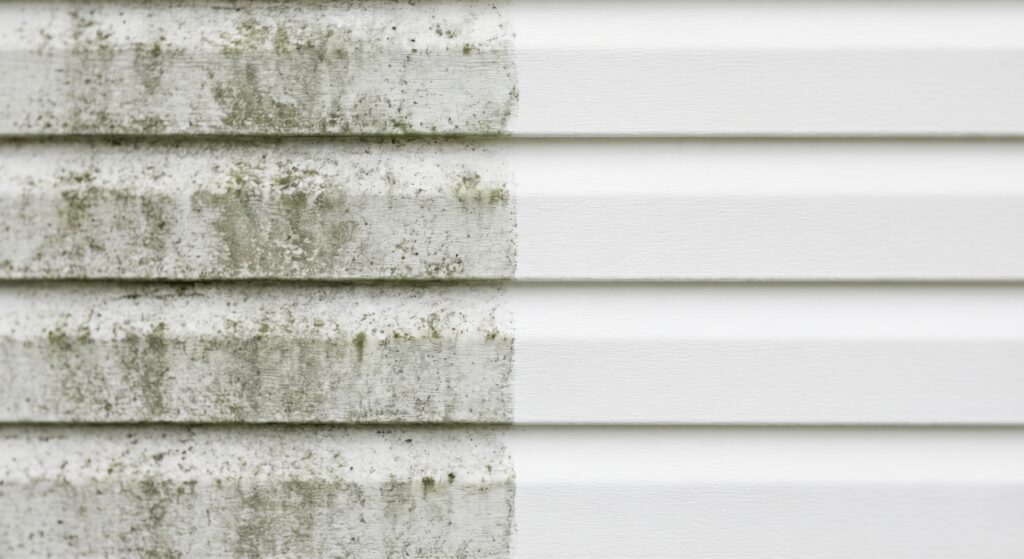 Transition from dirty to clean white house siding