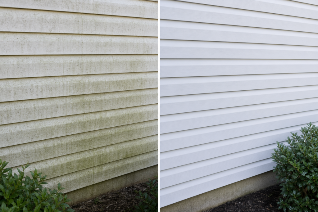 green algae mildew on vinyl siding Charlotte NC before after soft wash