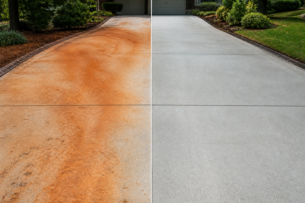 red clay stain removal before and after Charlotte NC driveway