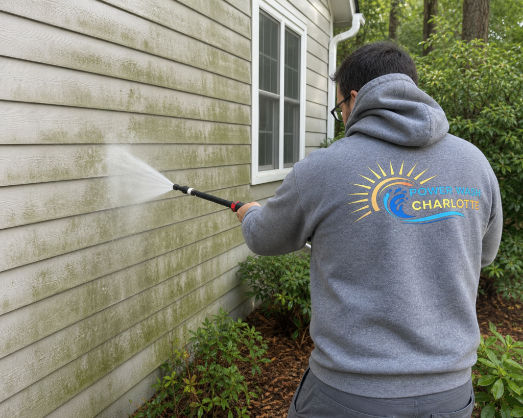 Power Wash Charlotte technician applying soft wash solution to the north wall of a Charlotte home