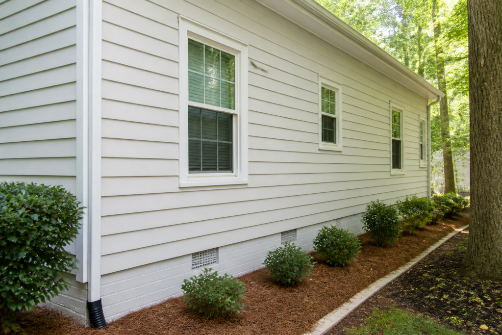 Clean exterior of a Charlotte home after north-wall soft wash treatment, bright siding with no visible green growth.